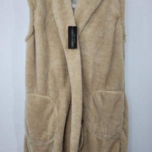 Sabrina Lauren Cozy!  Womens Vest Camel Faux Fur Open Front Pockets Hood M New